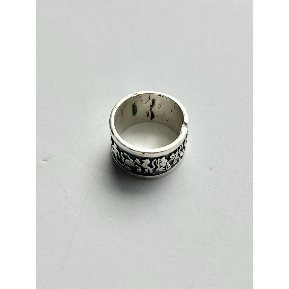 1960s Mayan Astrology Zodiac Oxidized .925 Silver Band Ring, Size 7.5 Mexico - Picture 6 of 8
